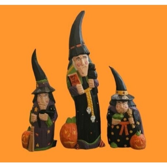 Midwest of Cannon Falls HALLOWEEN Witches w/Frog Crow Cat Pumpkins 3 Figurines - Picture 1 of 7